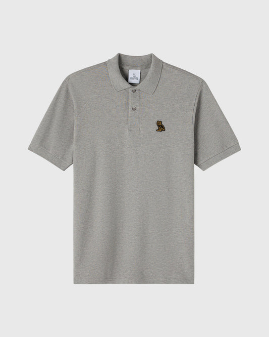 Heather grey short-sleeve polo shirt with collared neckline and embroidered bird logo on chest.