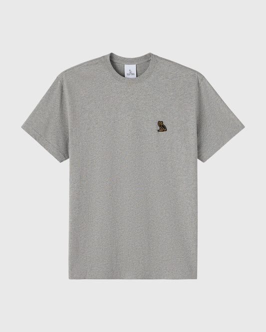 Heather grey short-sleeve t-shirt with small embroidered logo on chest.