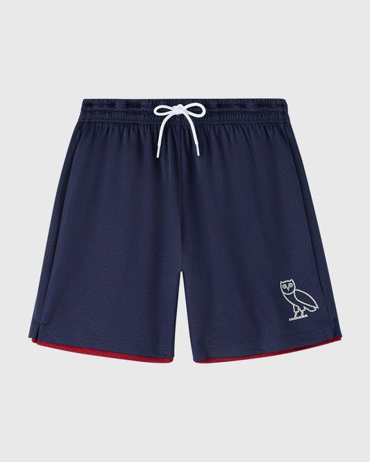 Navy mesh shorts with red trim, white drawstring, and owl emblem on leg.