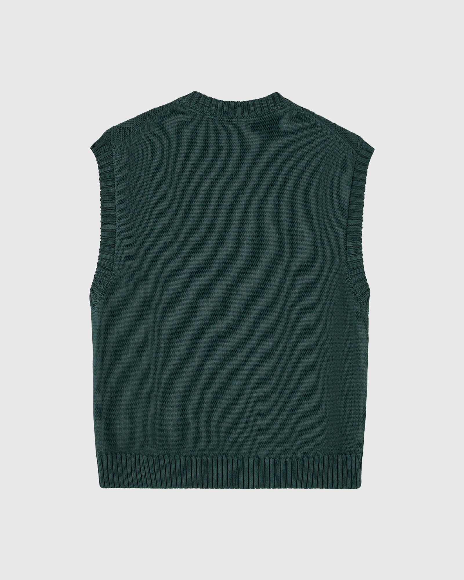 Midnight green sleeveless sweater vest with basketweave knit texture and ribbed trim at neckline and hem.