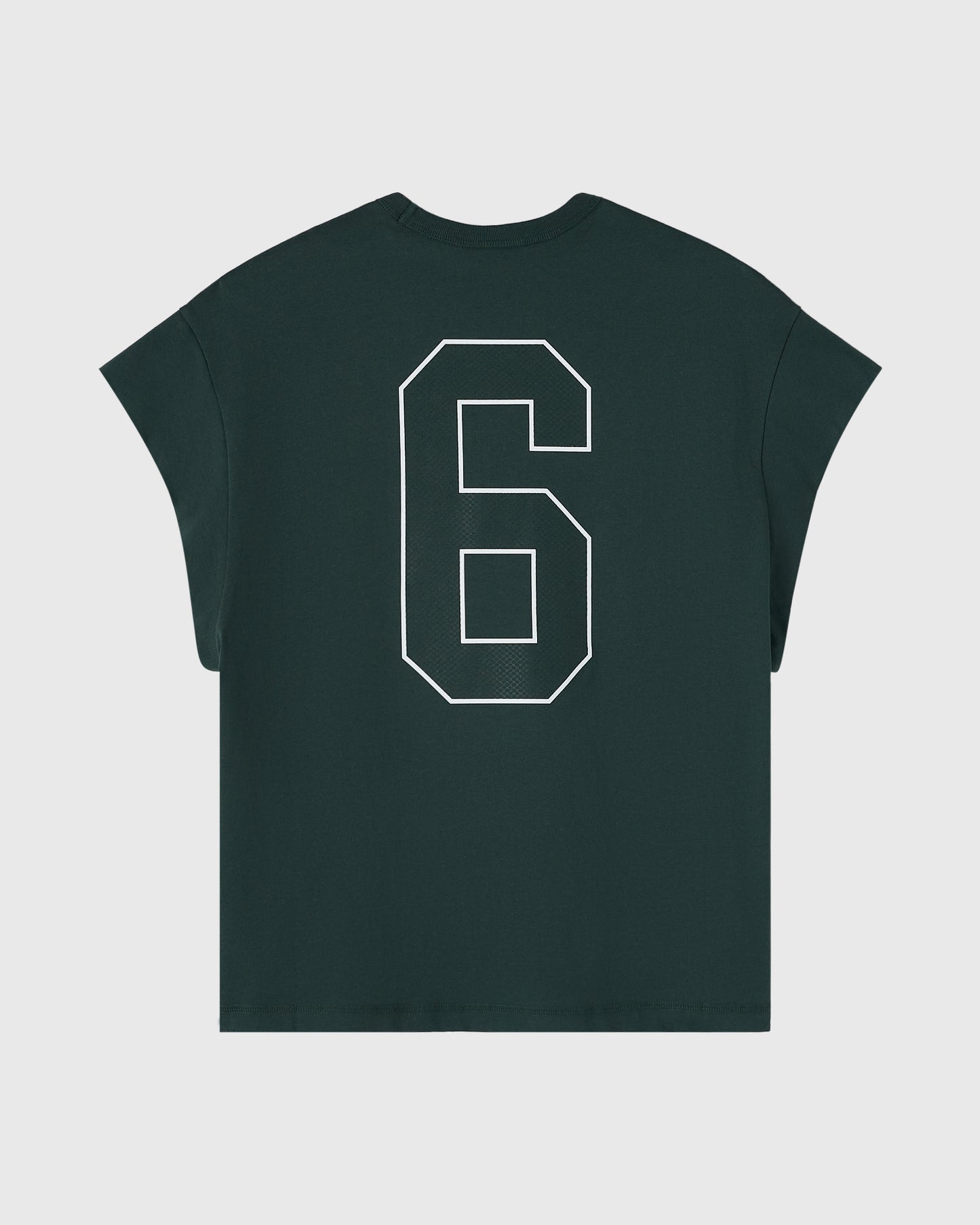 Midnight green sleeveless muscle tee with white outlined number 6 print on back.
