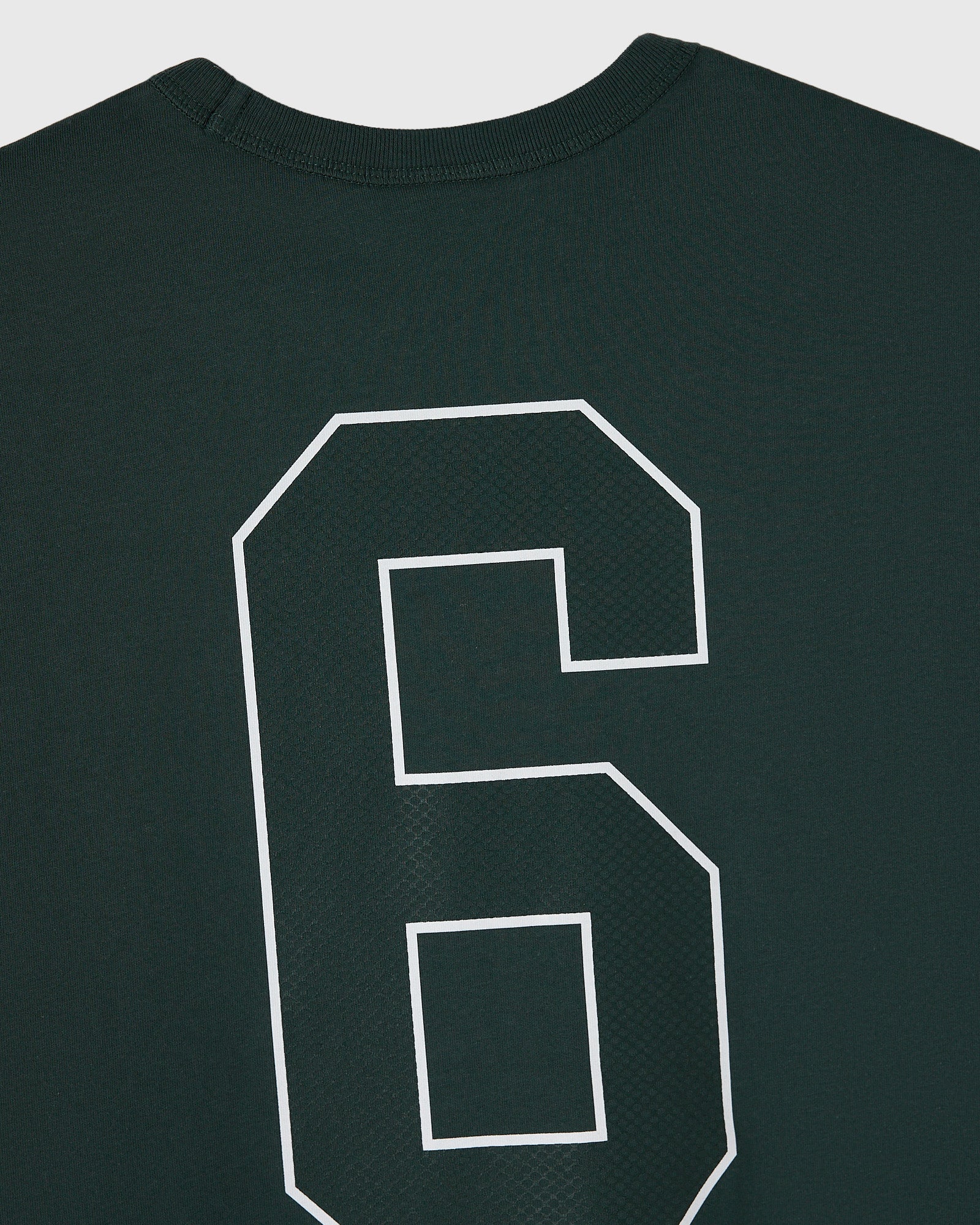 Midnight green muscle tee with white outlined number 6 print on chest and ribbed crew neckline.