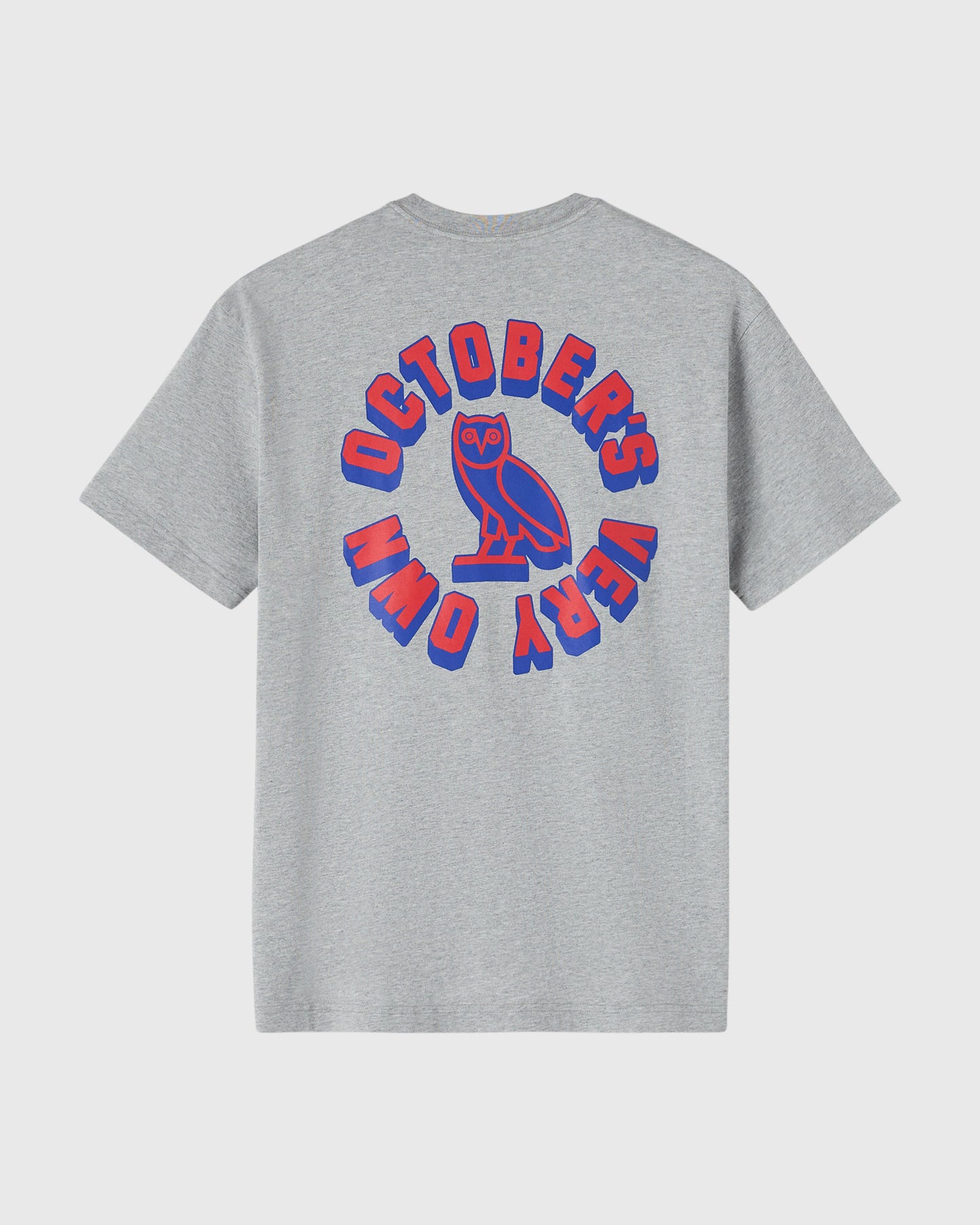Heather grey t-shirt with red and blue circular wordmark graphic featuring an owl design on back.