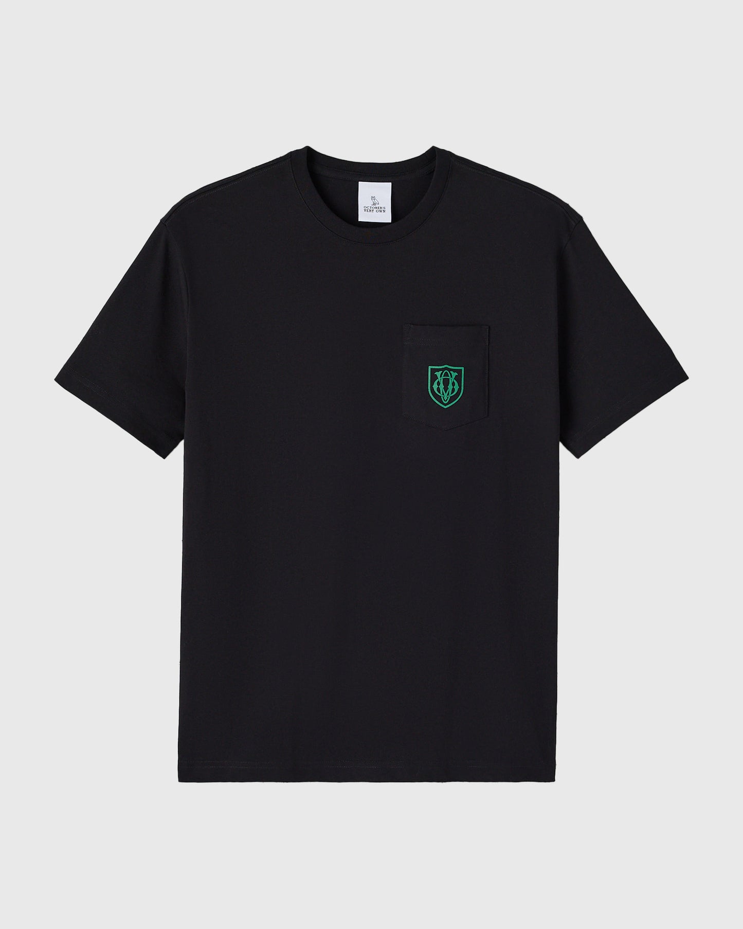 Black short-sleeve t-shirt with small teal owl crest logo on chest pocket.