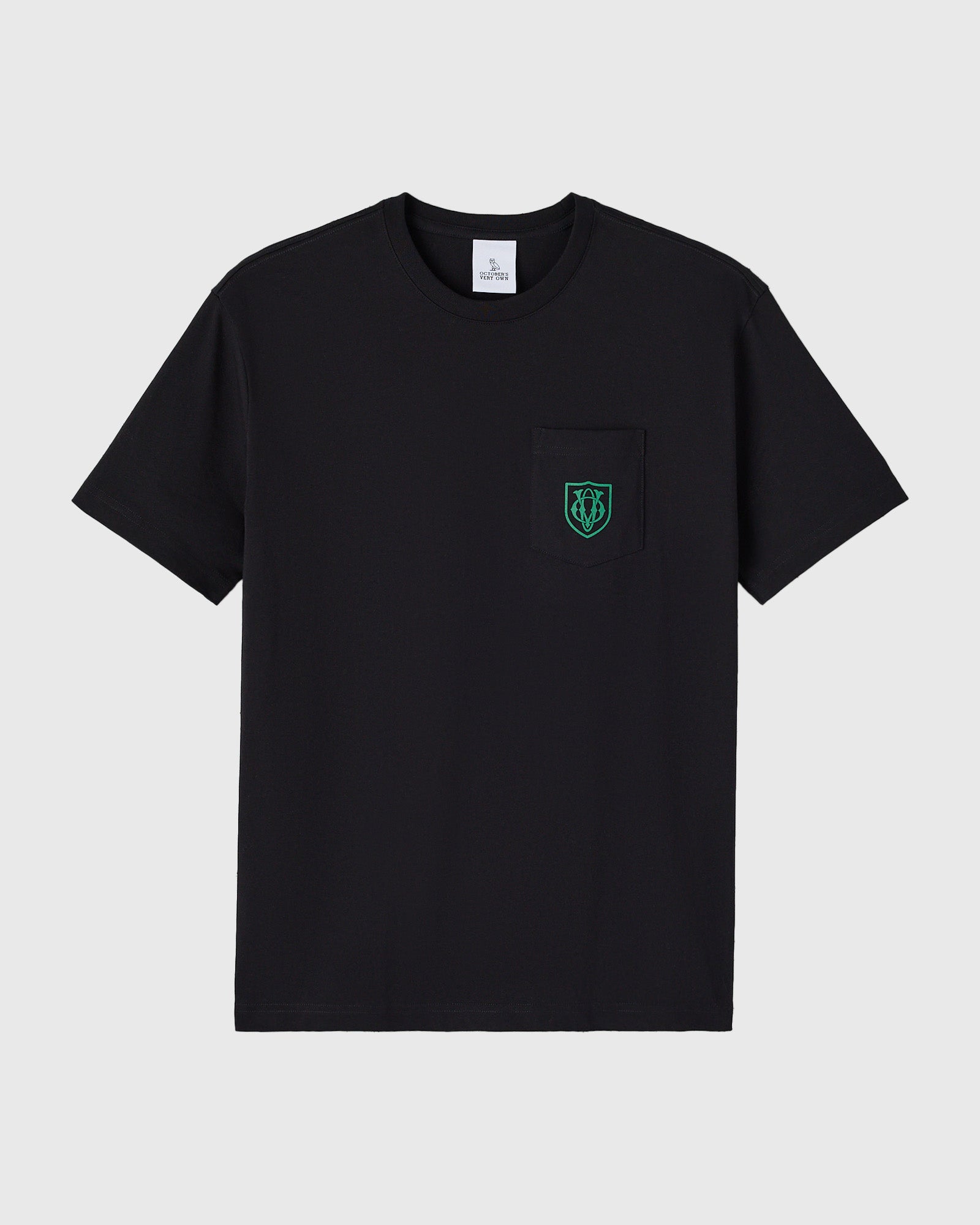 Black short-sleeve t-shirt with small teal owl crest logo on chest pocket.
