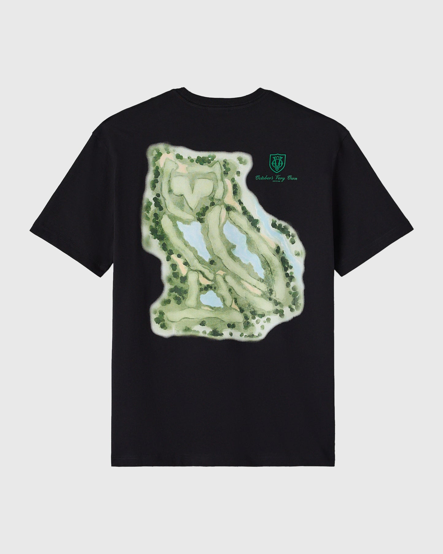 Black short-sleeve t-shirt with golf course map graphic and green OVO logo on chest.