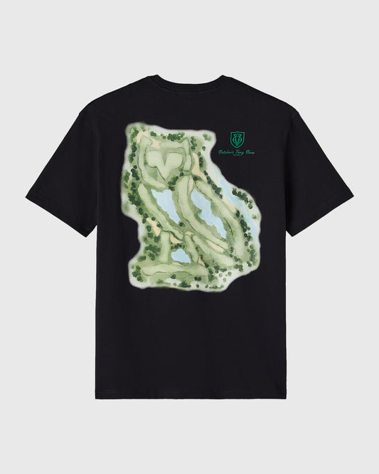 Black short-sleeve t-shirt with golf course map graphic and green OVO logo on chest.