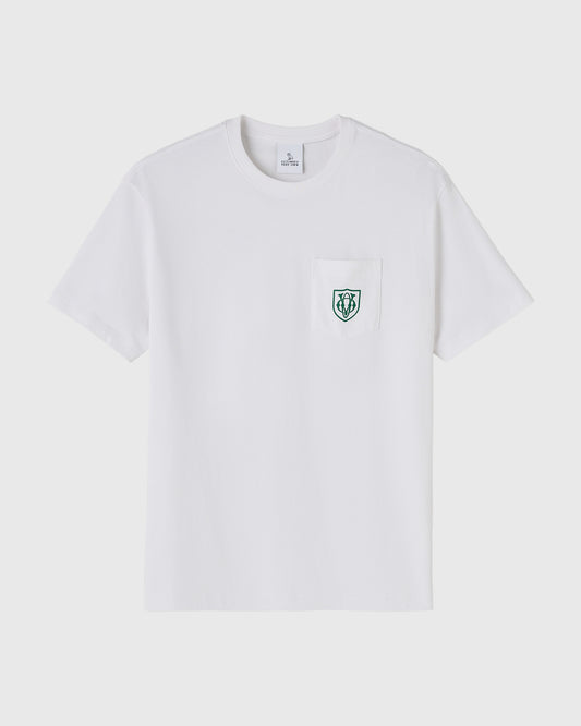 White short-sleeve t-shirt with chest pocket featuring small green owl shield logo.