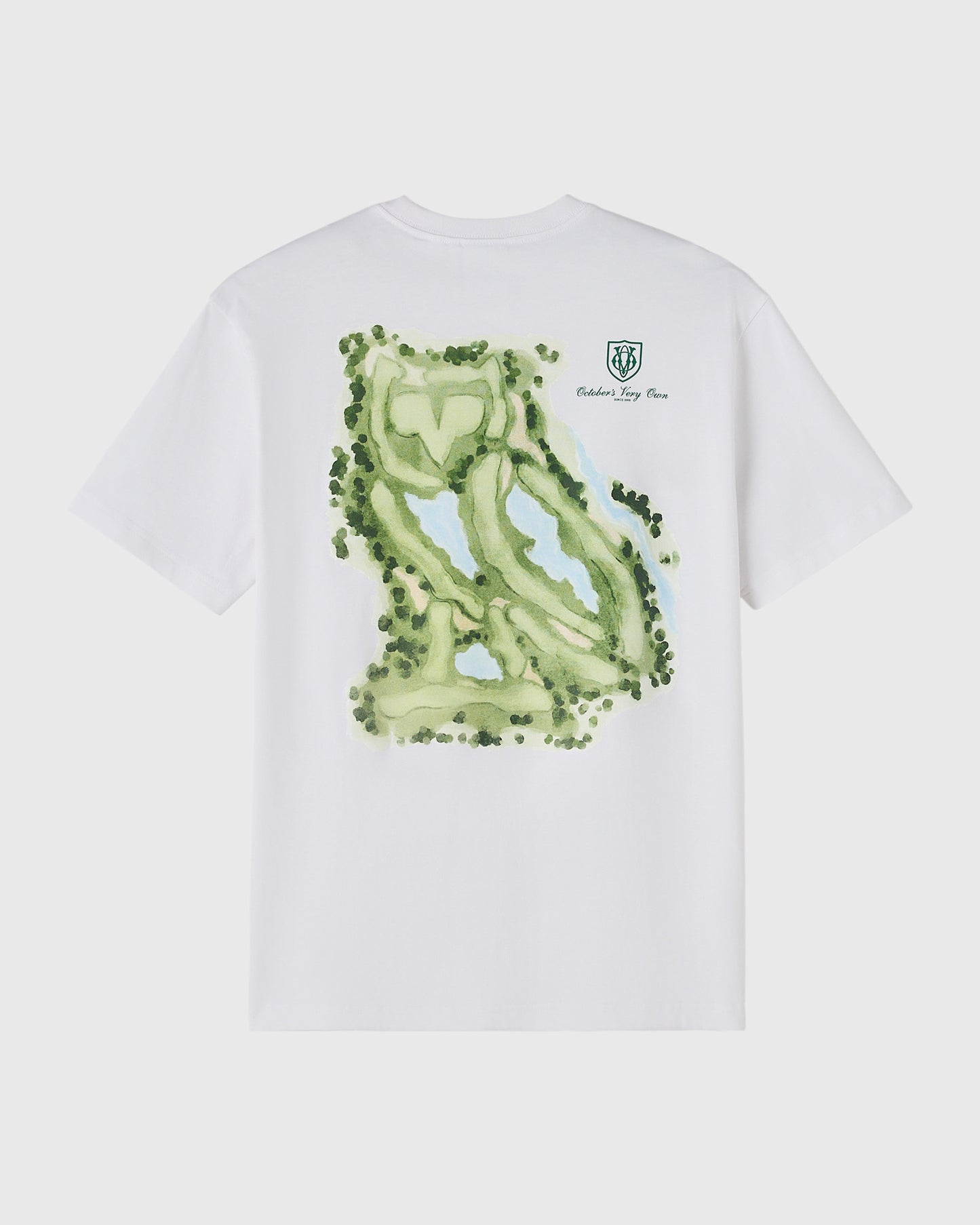 White t-shirt with green golf course layout design and owl graphic on back.