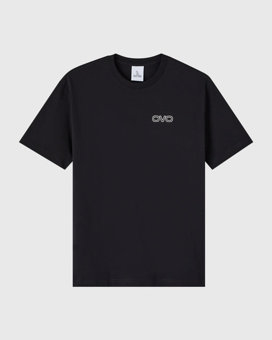 Black short-sleeve crewneck t-shirt with OVO logo on chest.