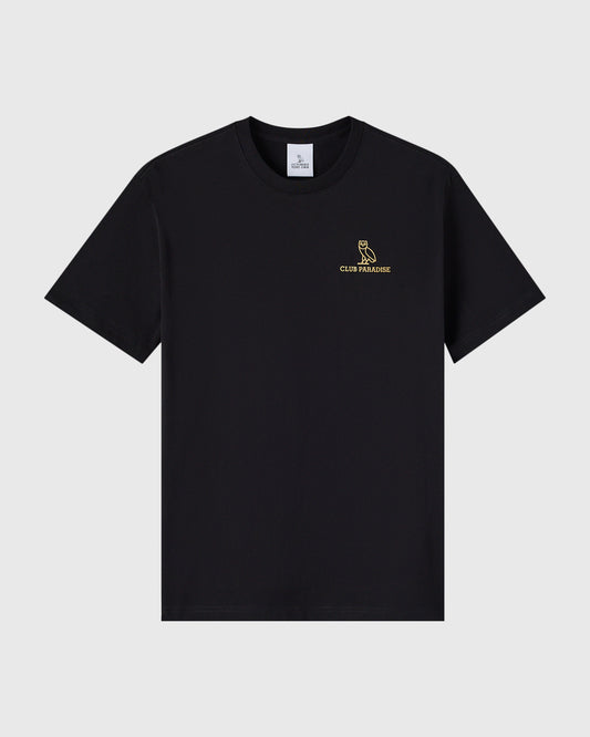 Black short-sleeve t-shirt with small gold owl logo and "Club Paradise" text on chest.