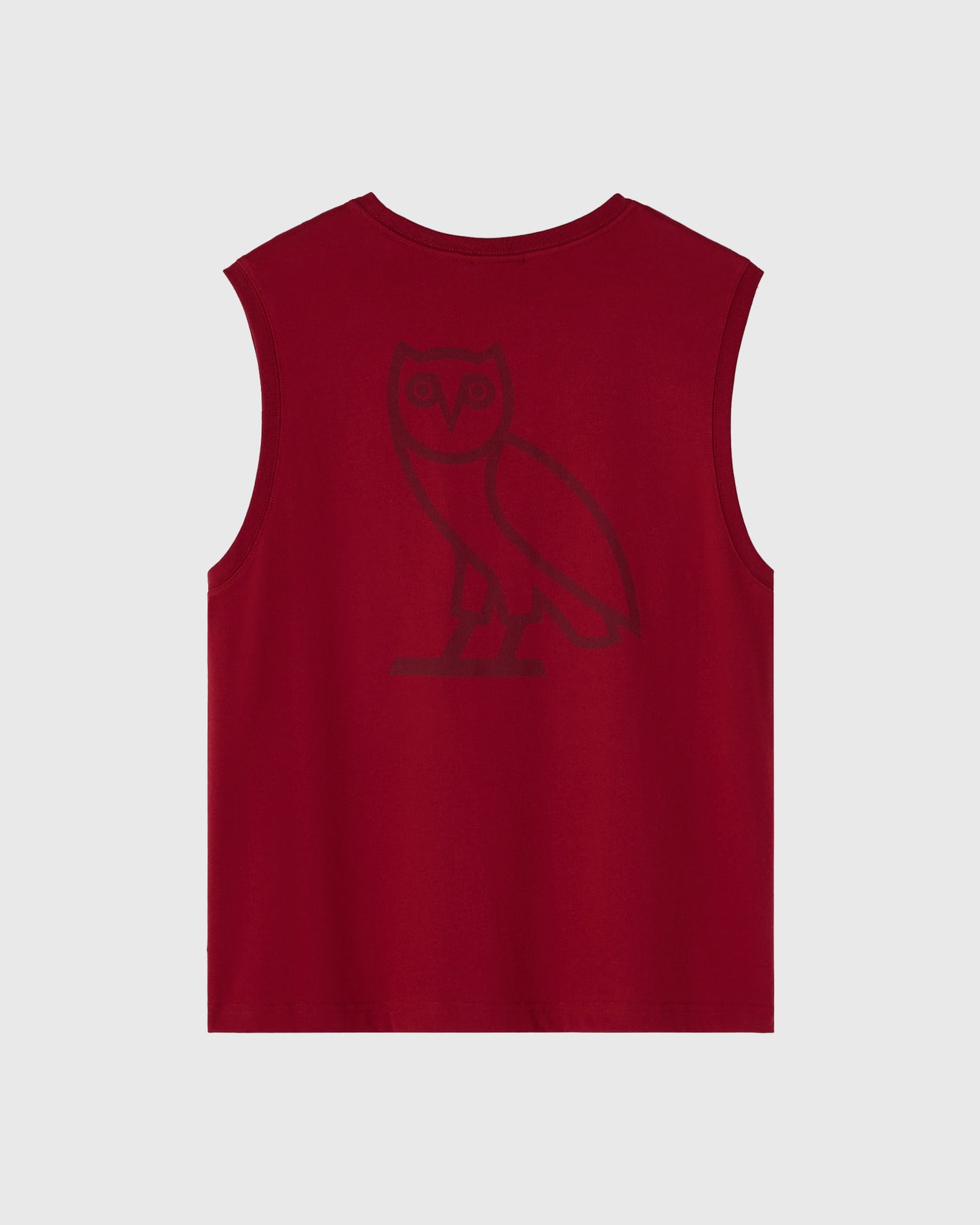 Deep red sleeveless tank top with owl graphic printed on the chest.