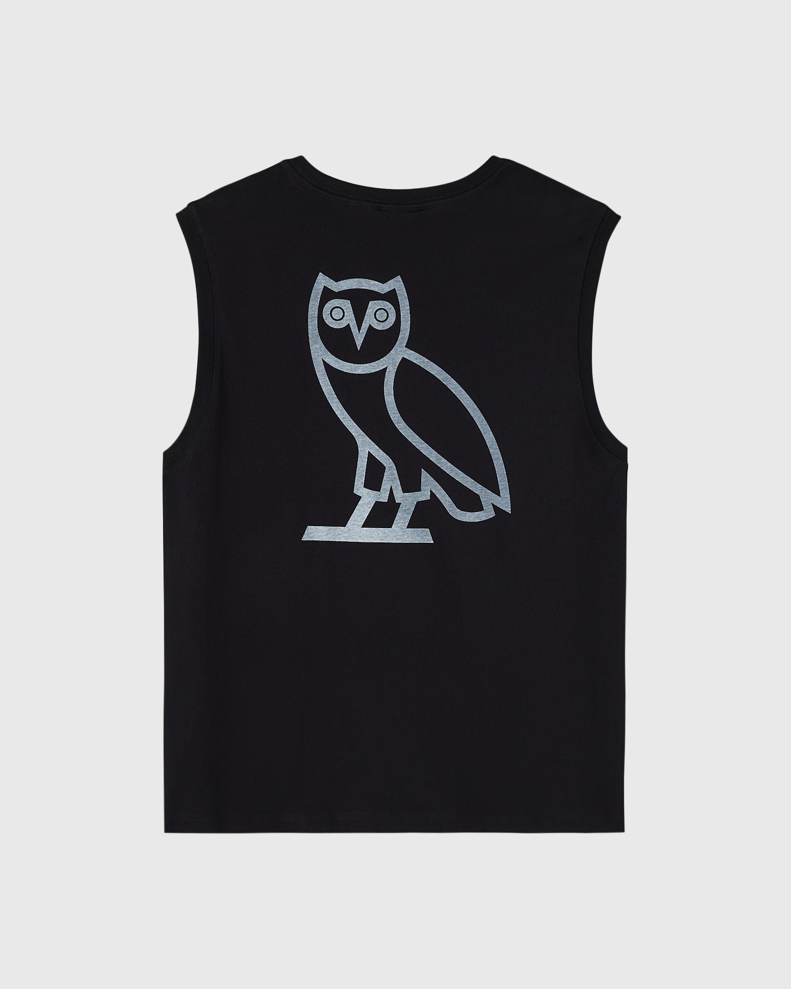 Black sleeveless tank top with gray owl outline graphic on chest.