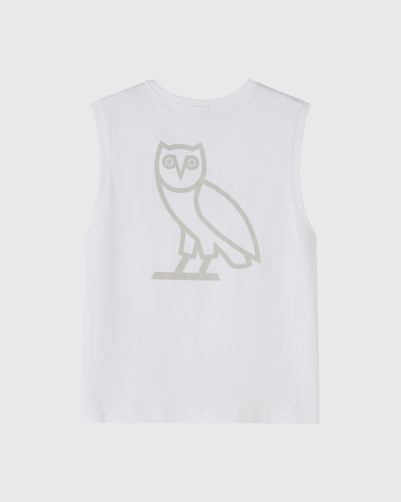 White sleeveless tank top with gray owl outline graphic on center chest.