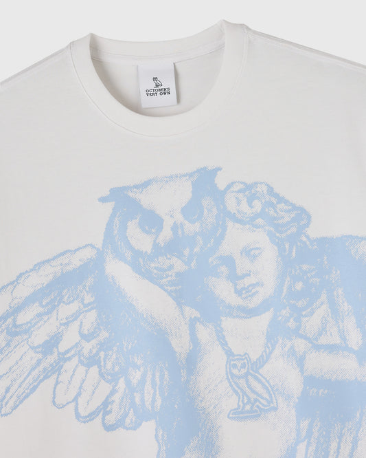 White crew-neck t-shirt with blue cherub print featuring two winged figures on the chest.