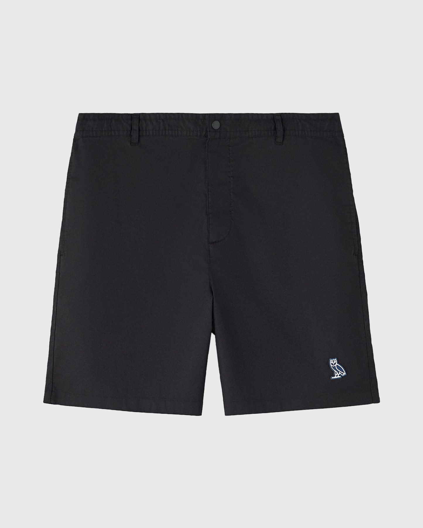 Black shorts with flat front, button closure, side pockets, and small owl logo on leg.
