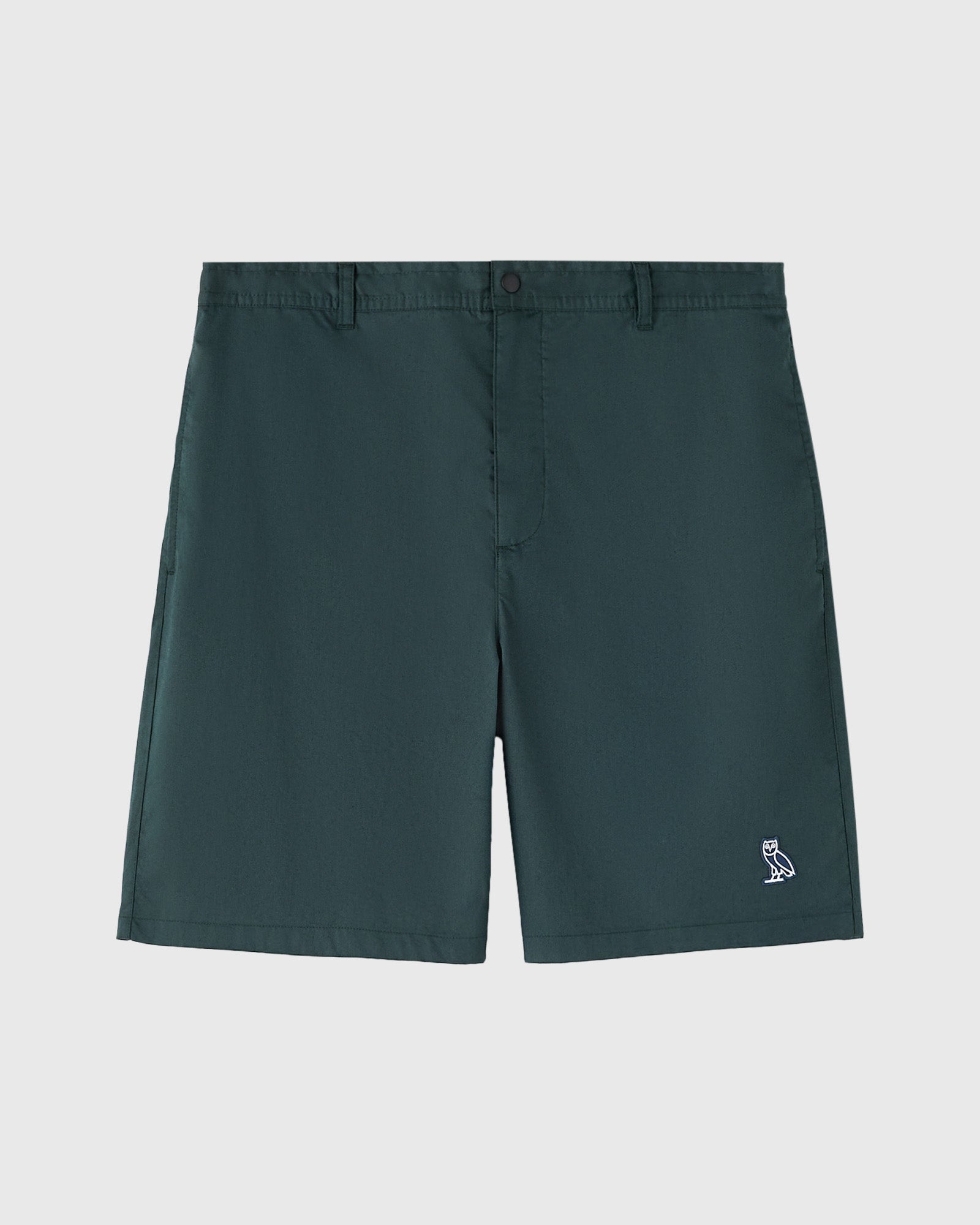Midnight green camp shorts with button fly, belt loops, and small embroidered logo on right leg.