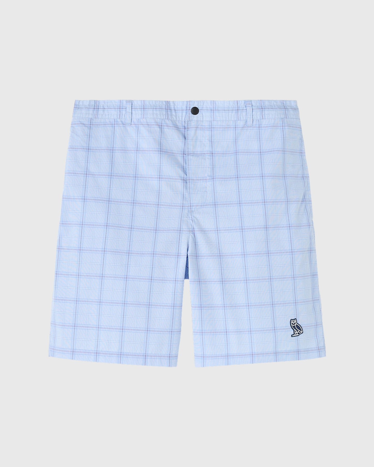 Light blue plaid camp shorts with button closure and small embroidered logo on lower leg.