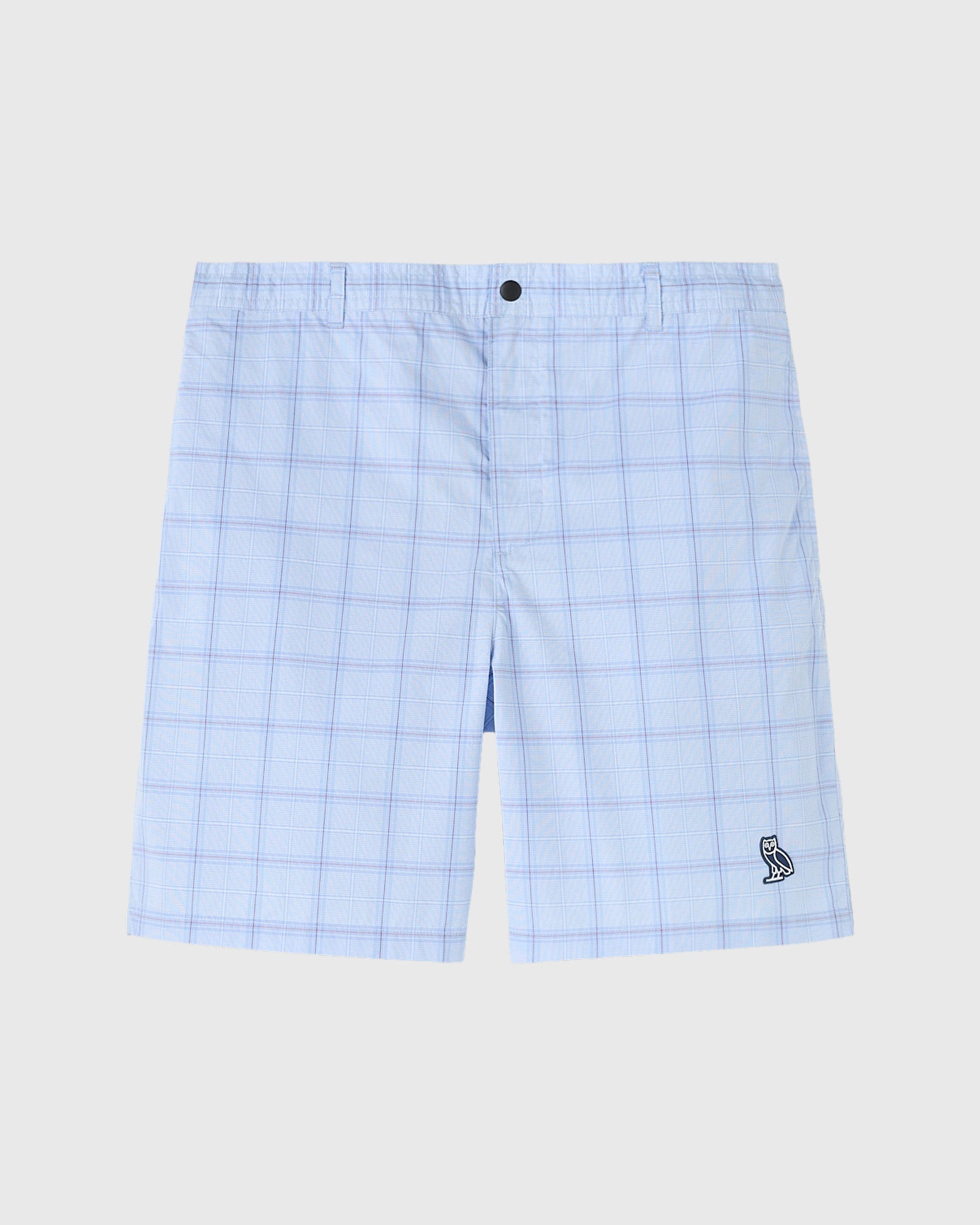 Light blue plaid camp shorts with button closure and small embroidered logo on lower leg.