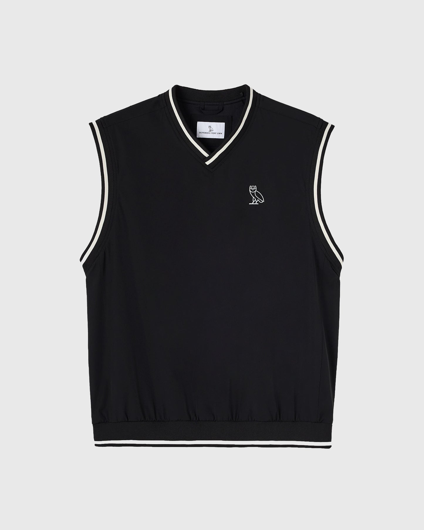 Black sleeveless pullover vest with white stripe trim, V-neckline, and small owl logo on chest.