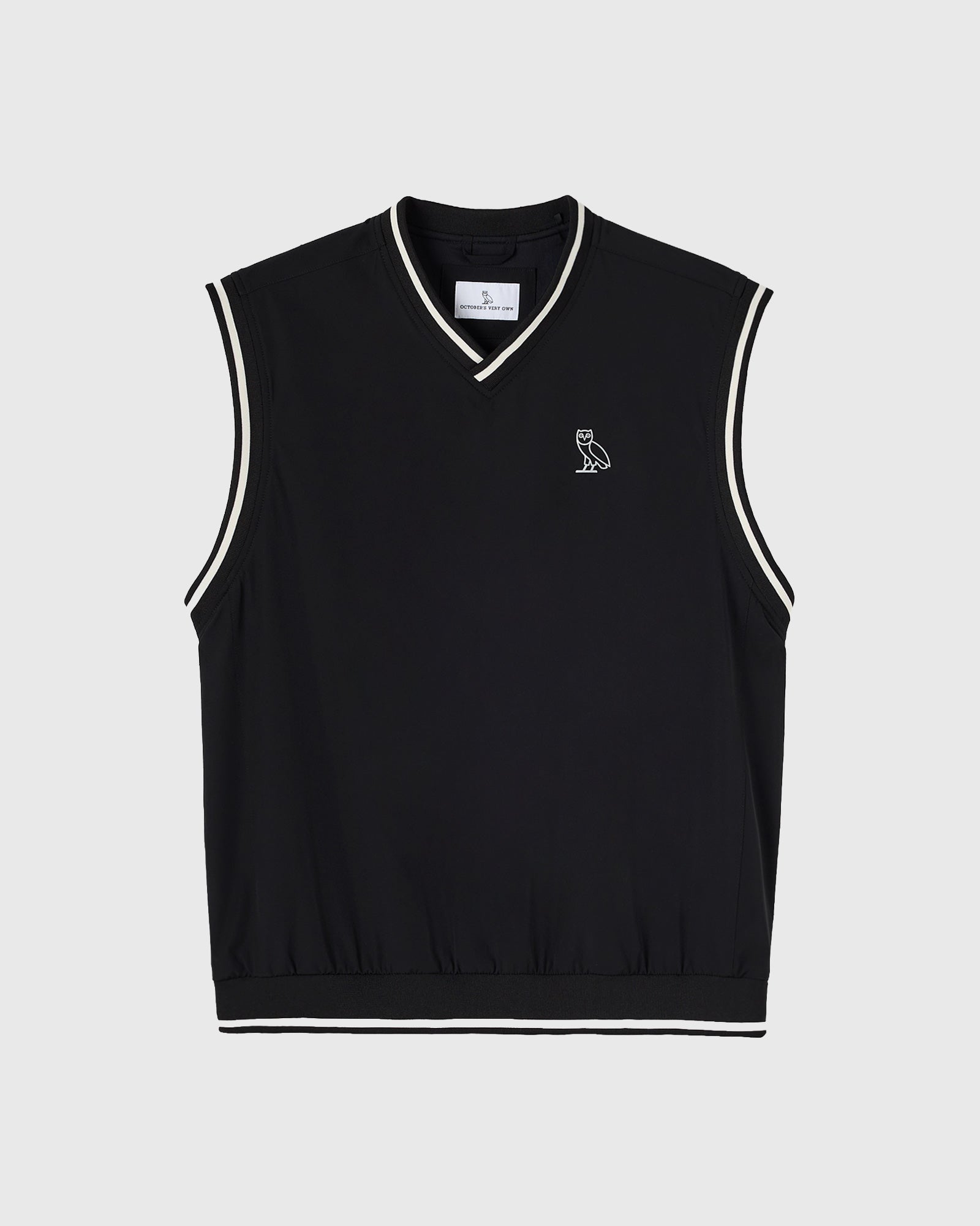 Black sleeveless pullover vest with white stripe trim, V-neckline, and small owl logo on chest.
