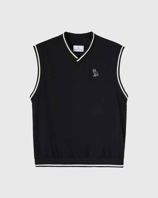 Black sleeveless pullover vest with white stripe trim, V-neckline, and small owl logo on chest.