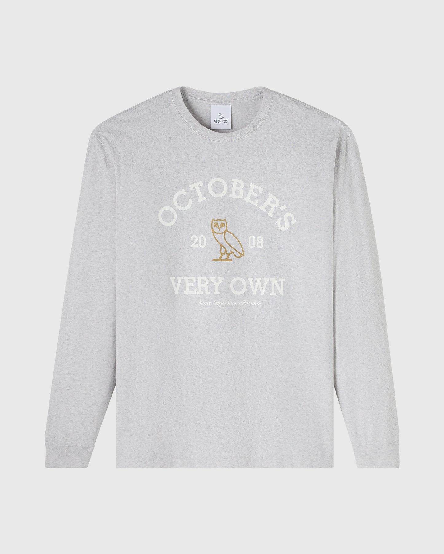 Light gray long-sleeve t-shirt with white and tan collegiate graphic featuring an owl, "Octobers 2008," and "Very Own" text.