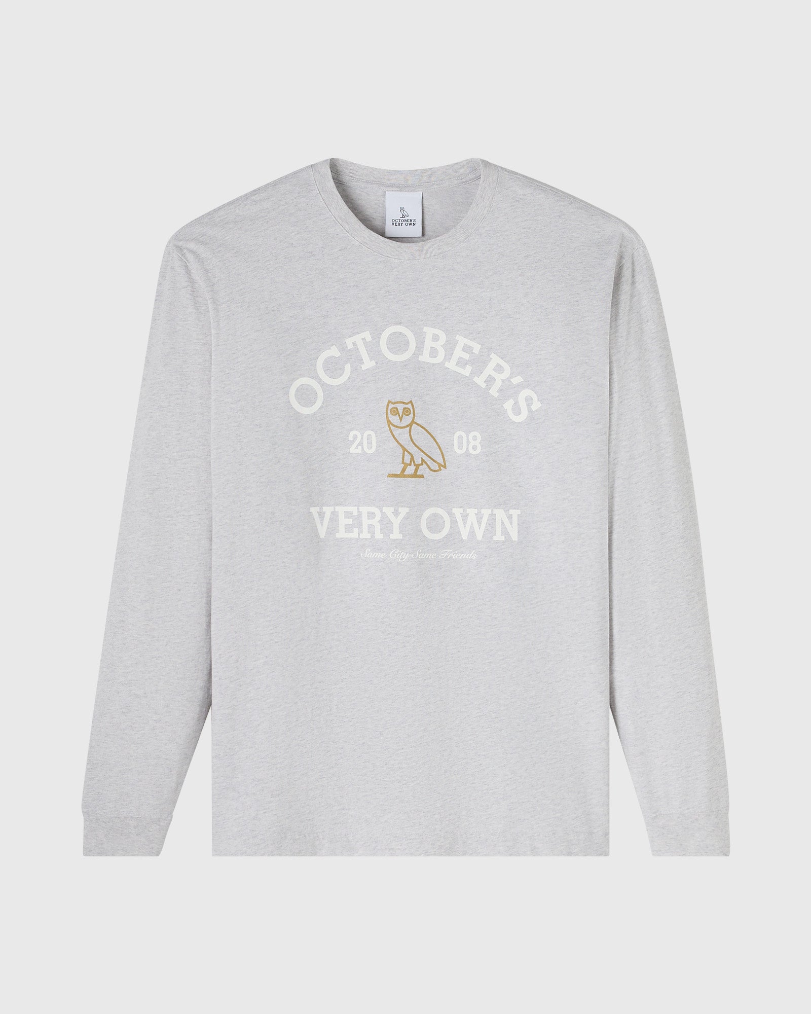 Light gray long-sleeve t-shirt with white and tan collegiate graphic featuring an owl, "Octobers 2008," and "Very Own" text.