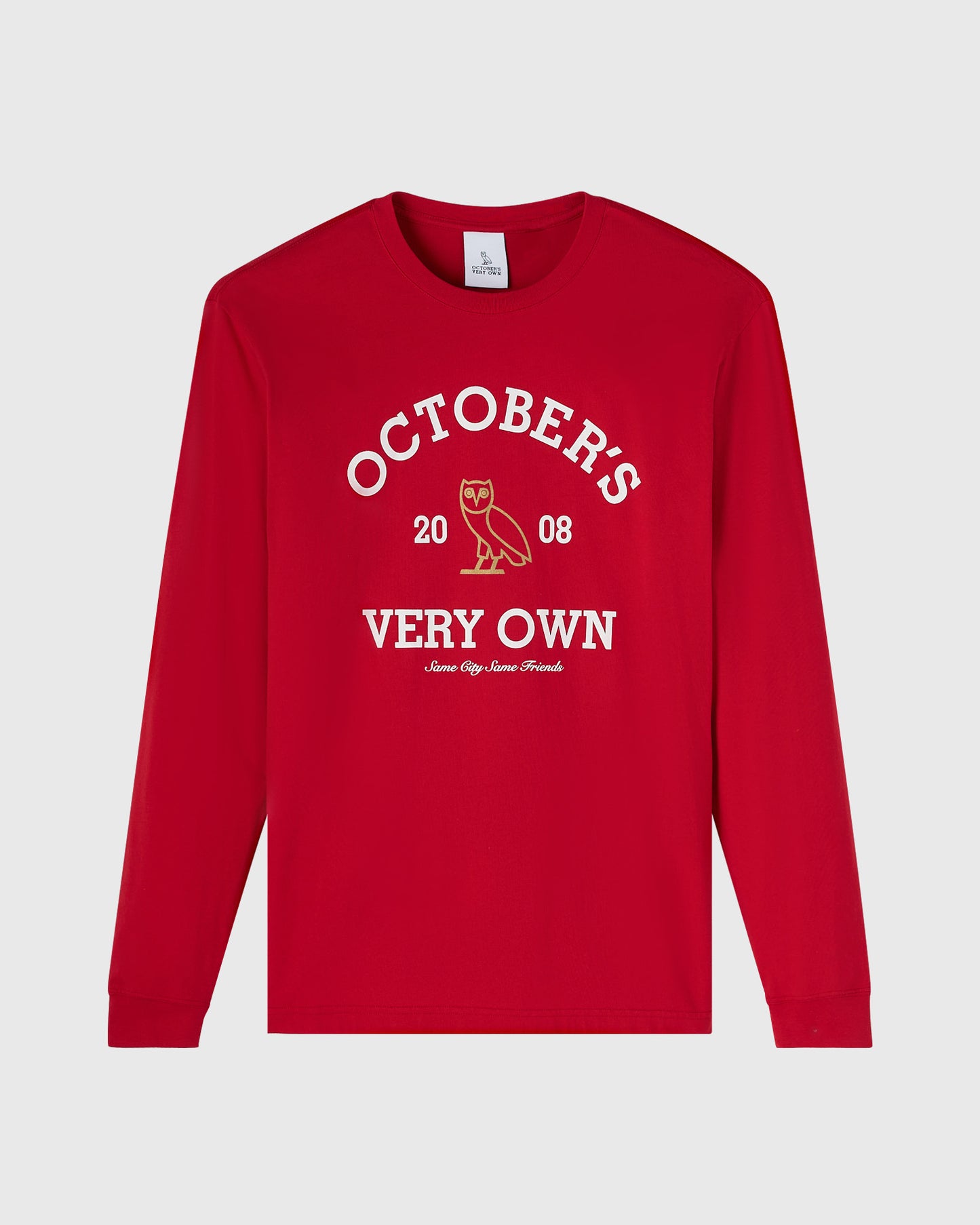 Red long-sleeve tee with white "October's Very Own" text and owl graphic centered on chest.