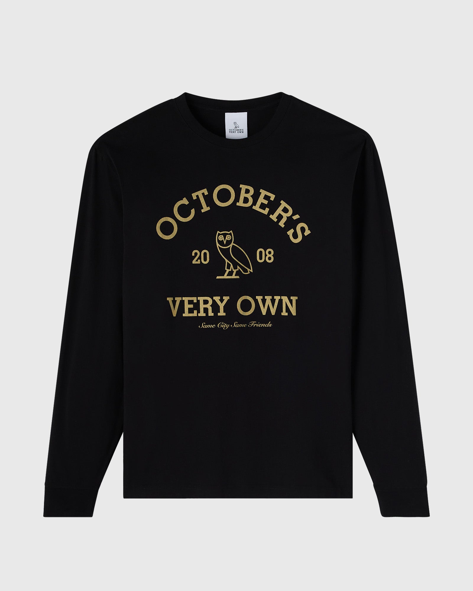 Black long-sleeve tee with gold "October's Very Own" text and owl graphic featuring "2008" and tagline.