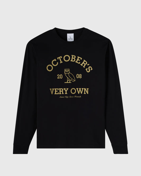 Black long-sleeve tee with gold "October's Very Own" text and owl graphic featuring "2008" and tagline.