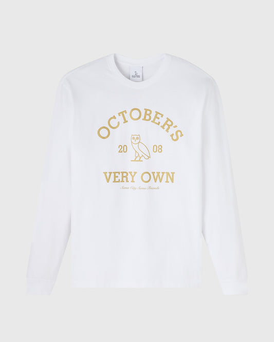 White long-sleeve tee with gold "Octobers Very Own" text and owl graphic centered on chest.