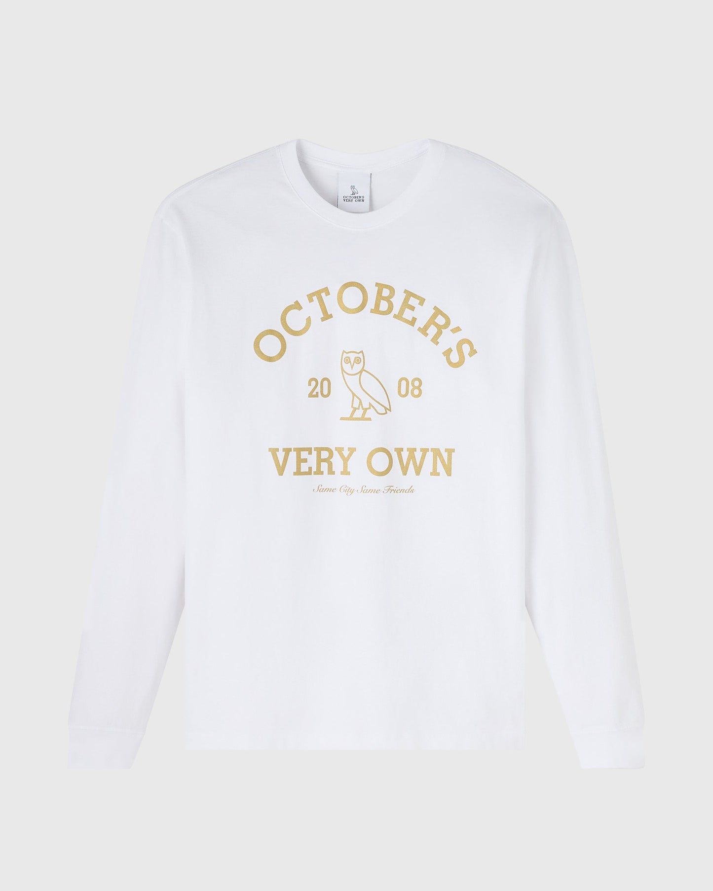 White long-sleeve t-shirt with gold "Octobers Very Own" text and owl graphic on chest.