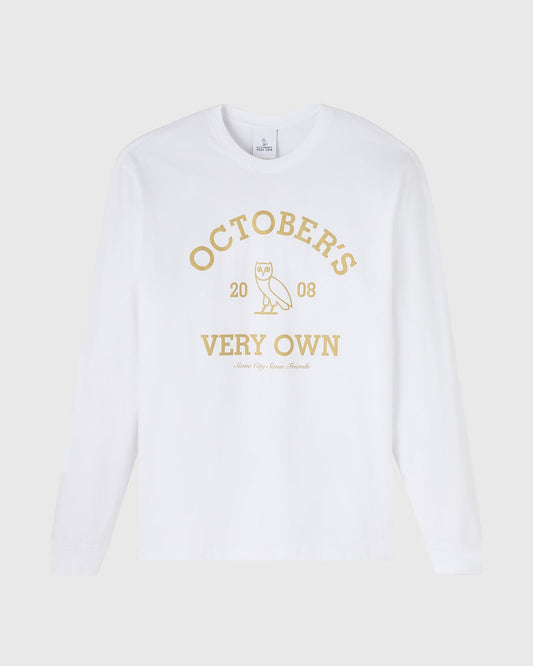 White long-sleeve t-shirt with gold "Octobers Very Own" text and owl graphic on chest.