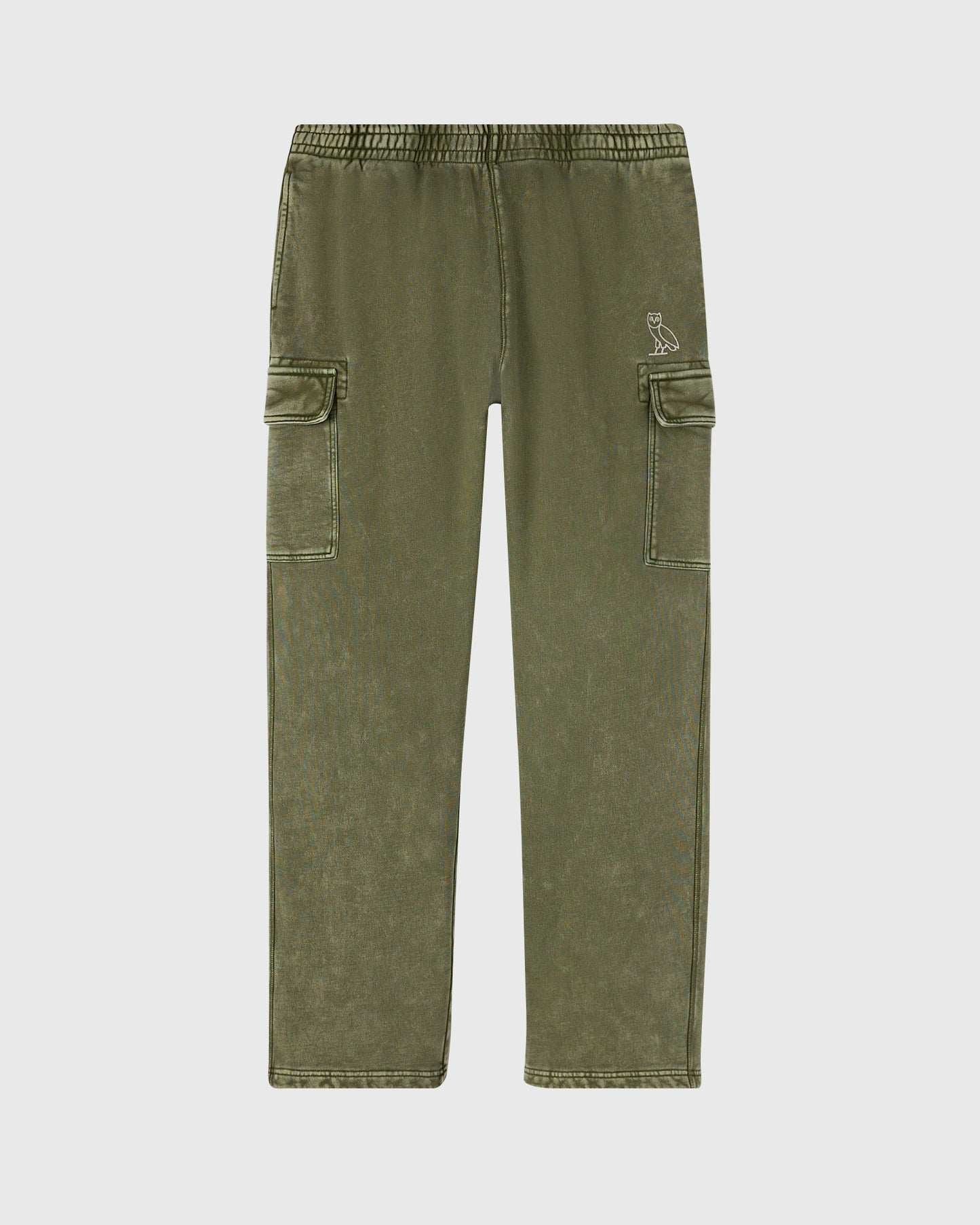 Cypress green cargo sweatpants with flap pockets, elastic waistband, and small owl logo on right thigh.