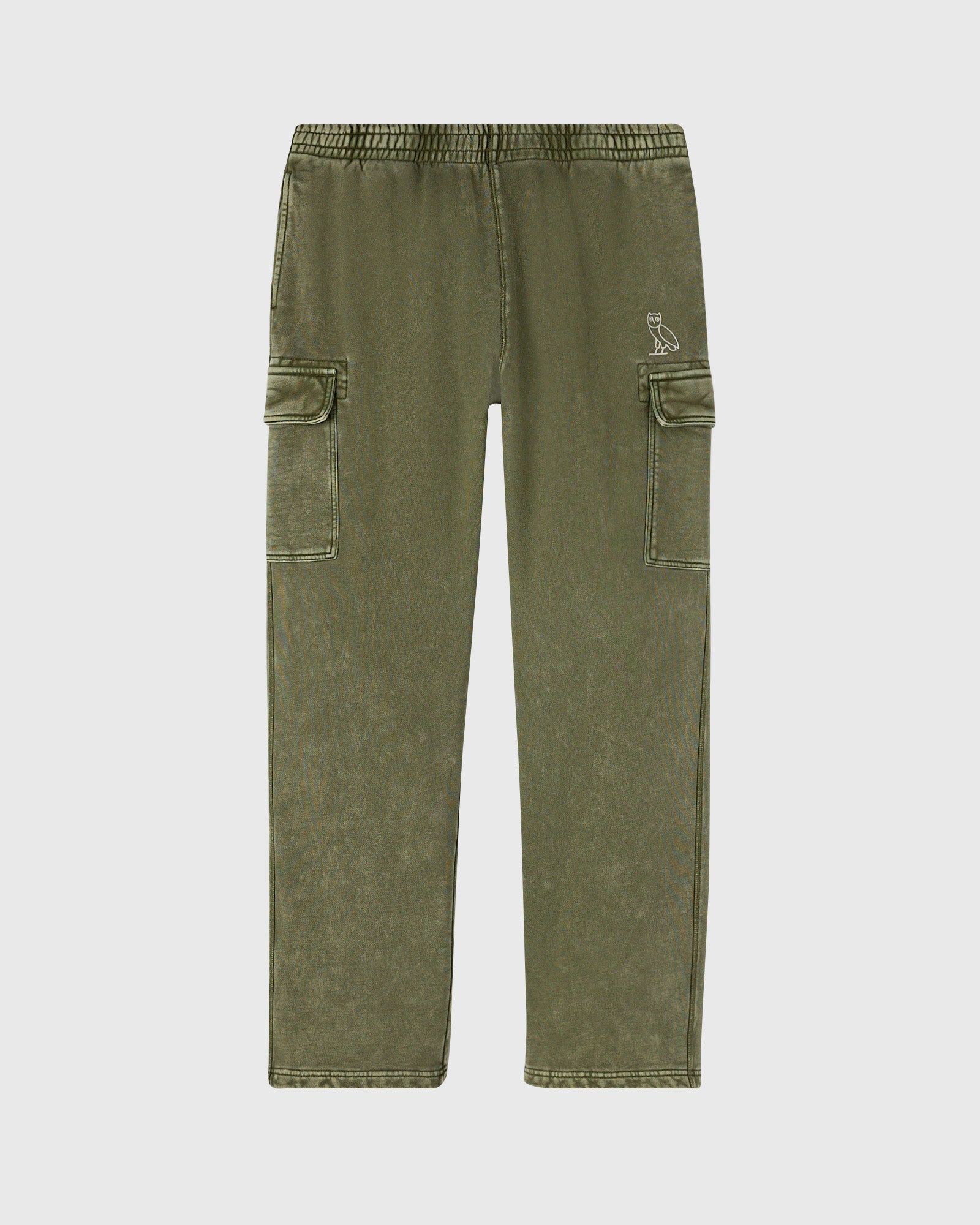 Cypress green cargo sweatpants with flap pockets, elastic waistband, and small owl logo on right thigh.