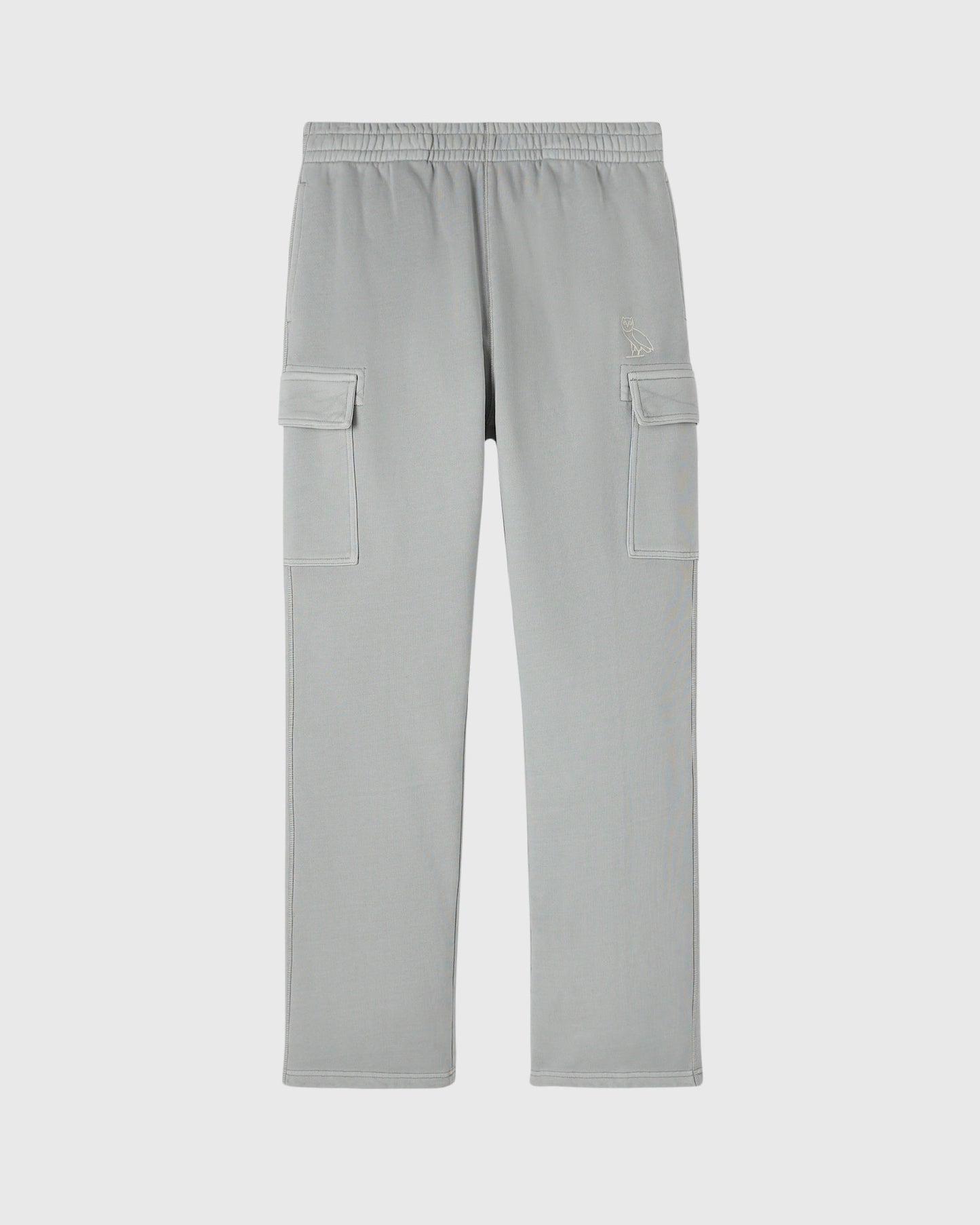 Gray cargo sweatpants with elastic waistband and flap pockets on thighs.