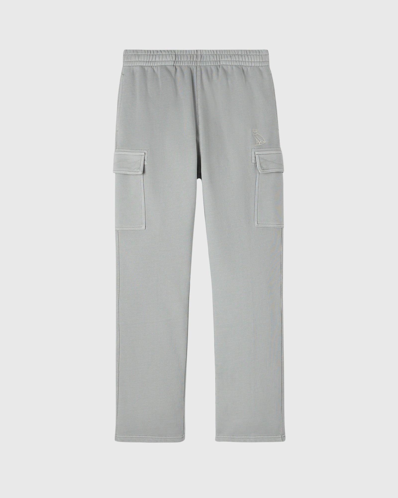 Gray cargo sweatpants with elastic waistband and flap pockets on thighs.