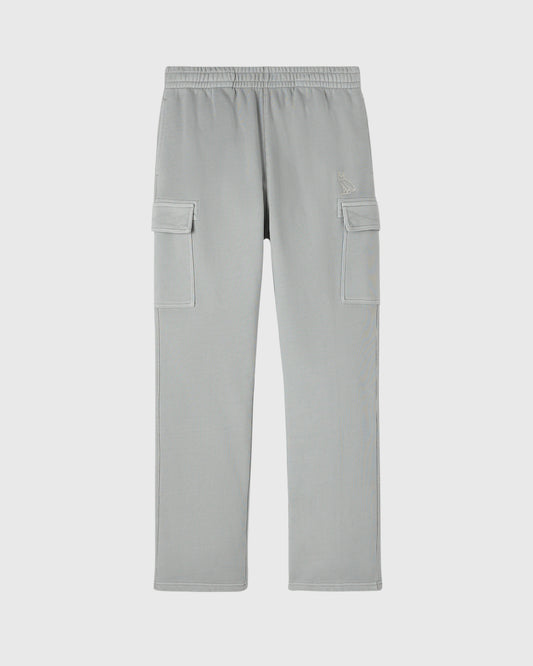 Gray cargo sweatpants with elastic waistband and flap pockets on thighs.