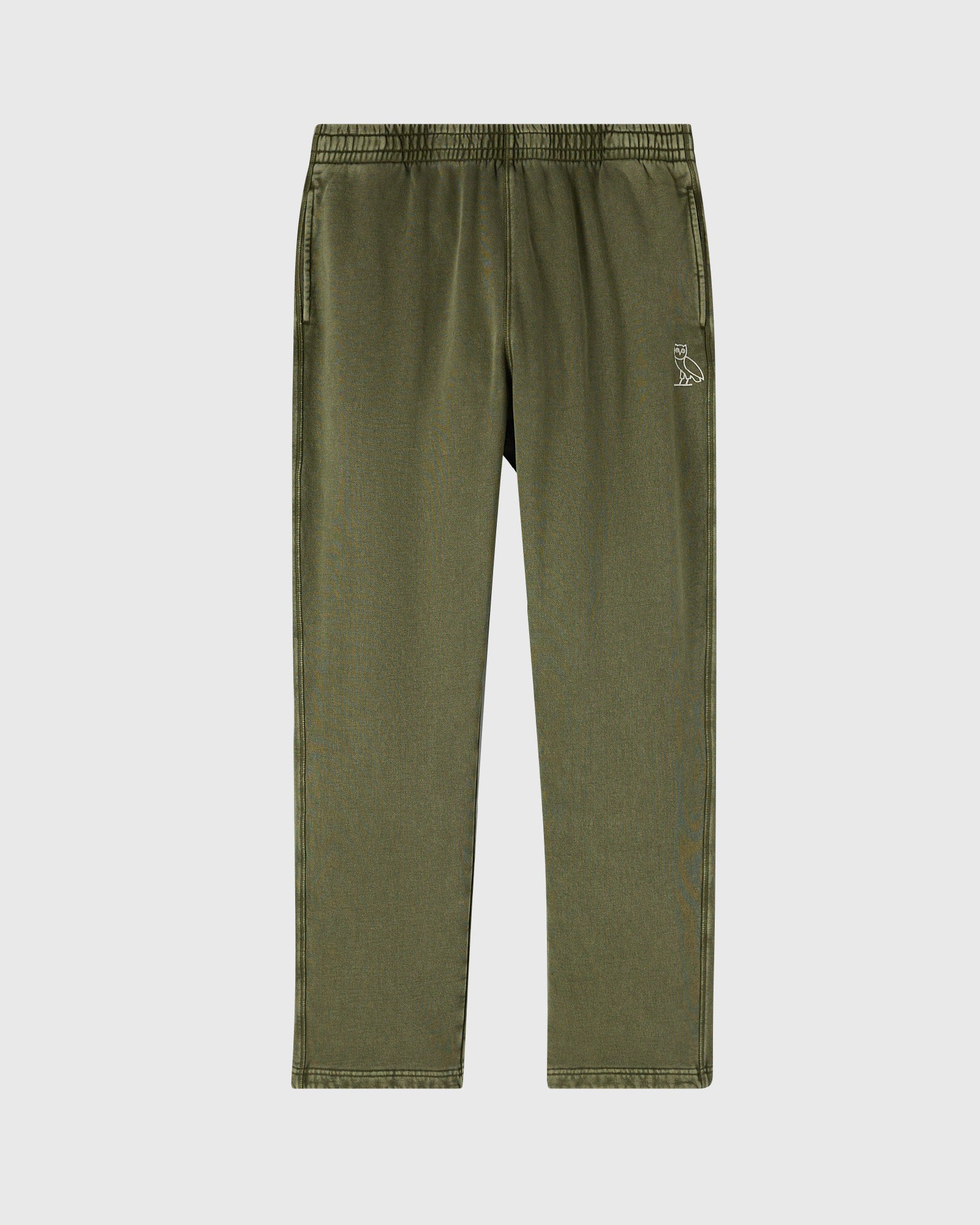 Cypress green sweatpant with elastic waistband, open hem, side pockets, and small owl emblem on thigh.