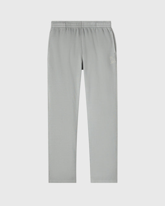 Gray sweatpants with elastic waistband, side seams, open hem, and small embroidered logo on thigh.