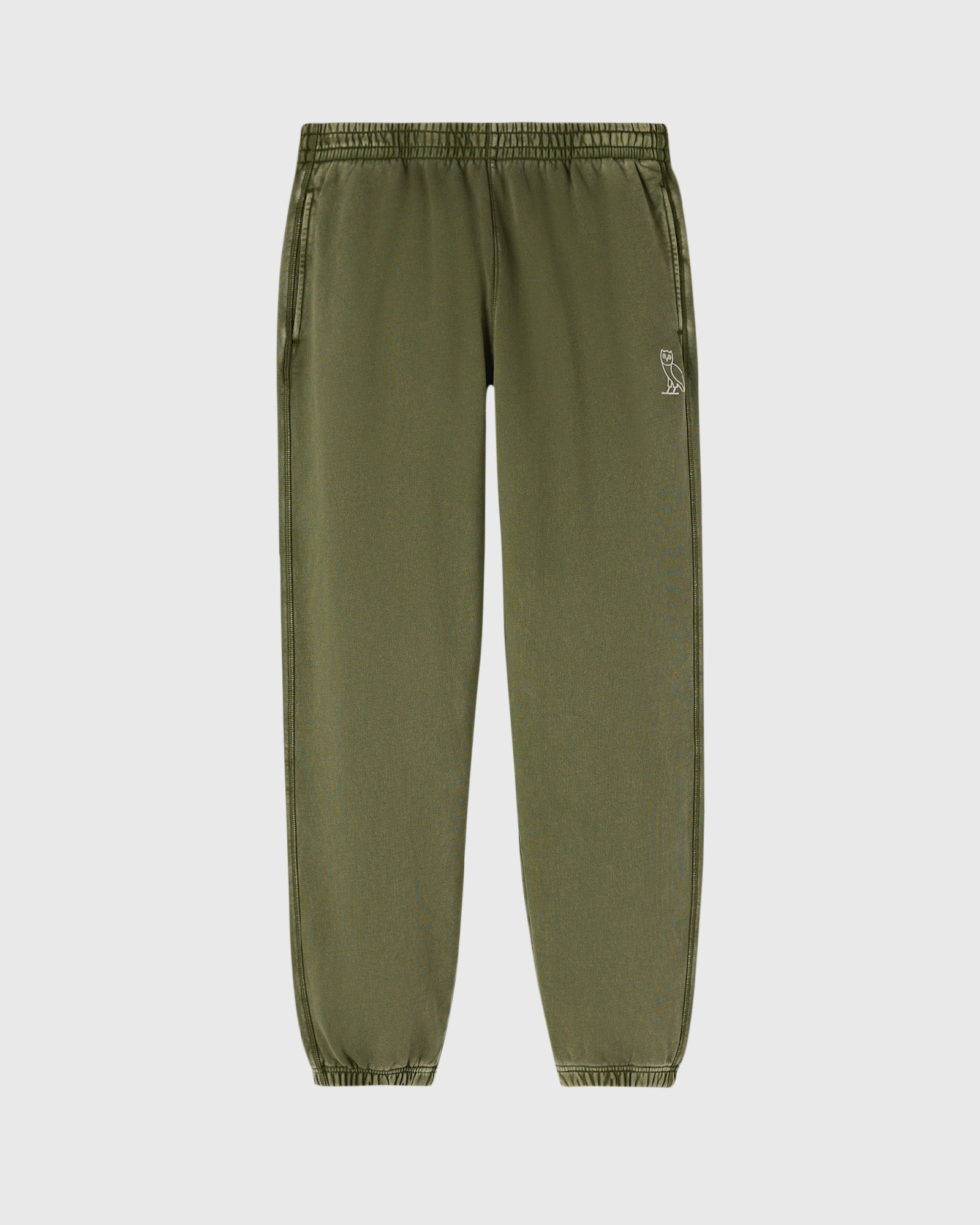 Cypress green sweatpant with elastic waistband, drawstring, side pockets, and small logo embroidered on thigh.
