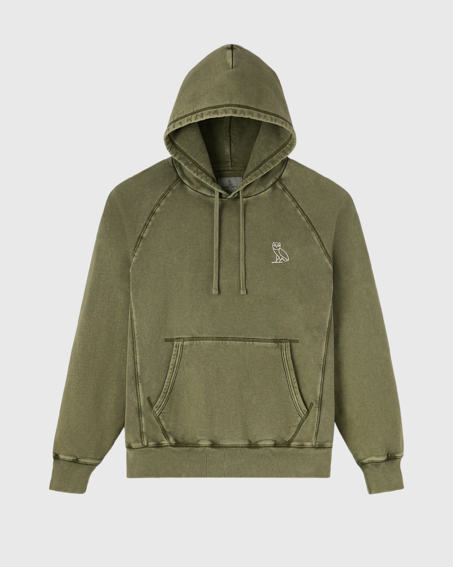 Cypress green raglan hoodie with drawstring hood, front kangaroo pocket, and small white owl logo on chest.