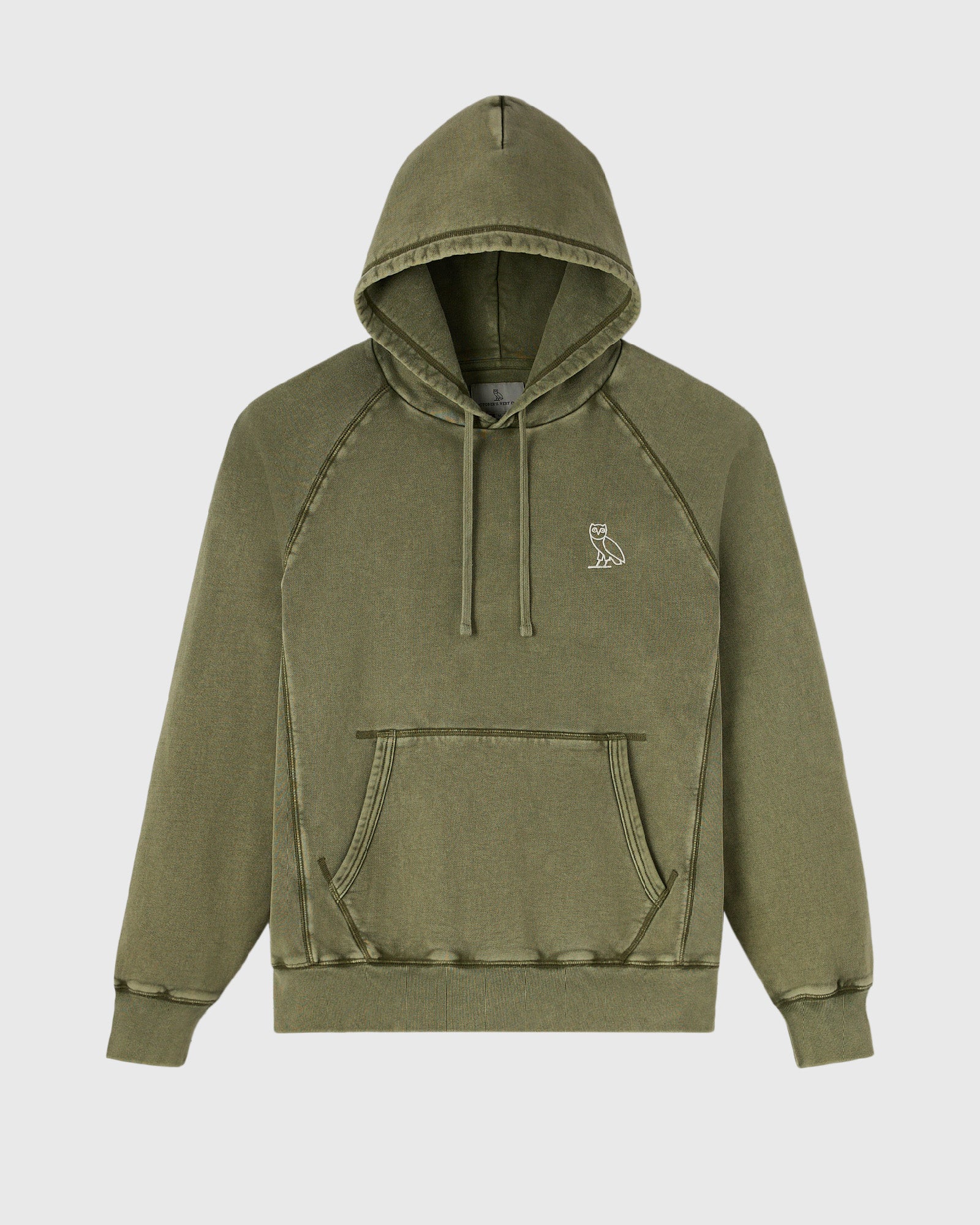 Cypress green raglan hoodie with drawstring hood, front kangaroo pocket, and small white owl logo on chest.