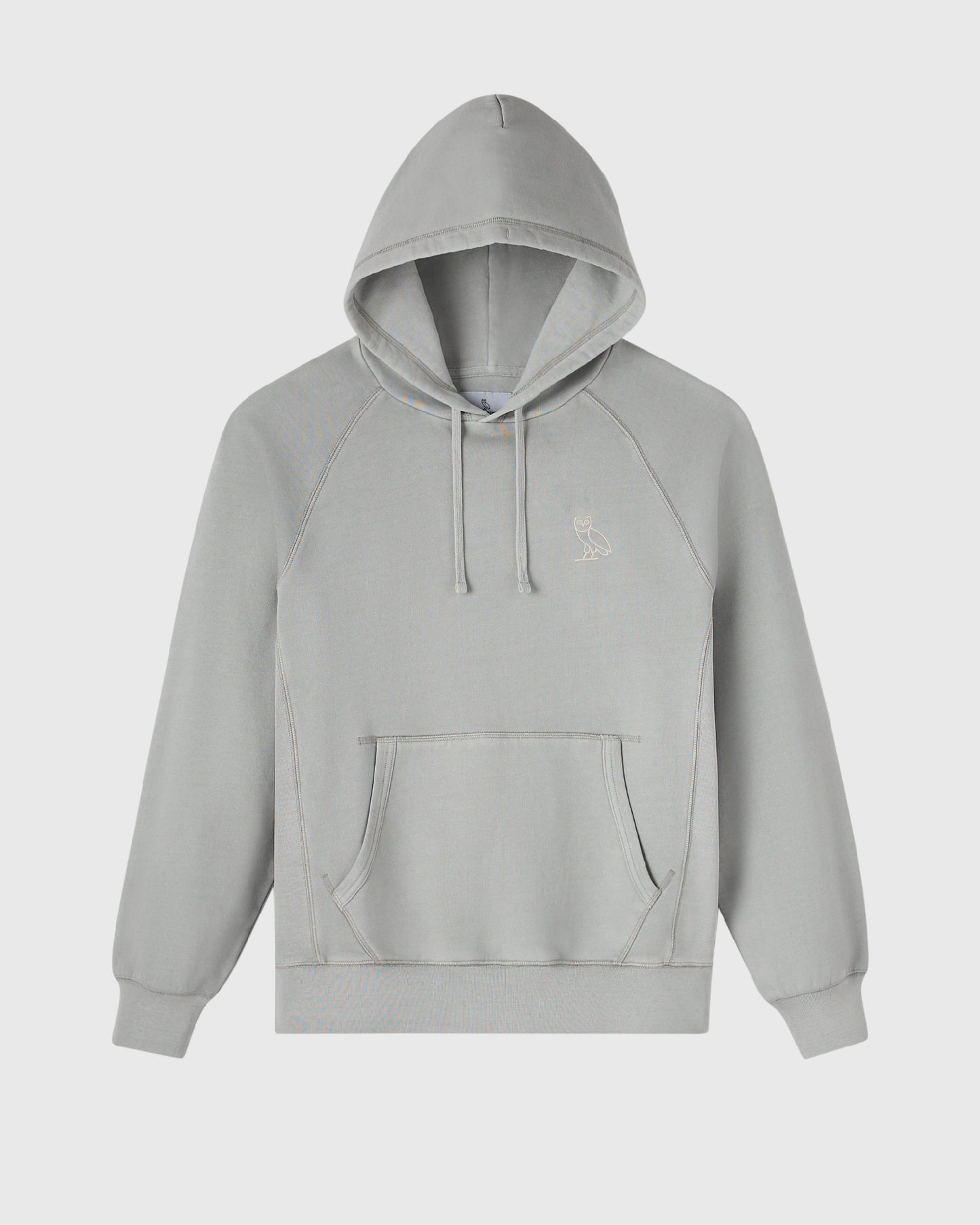 Gray raglan hoodie with drawstring hood, kangaroo pocket, and embroidered bird logo on chest.