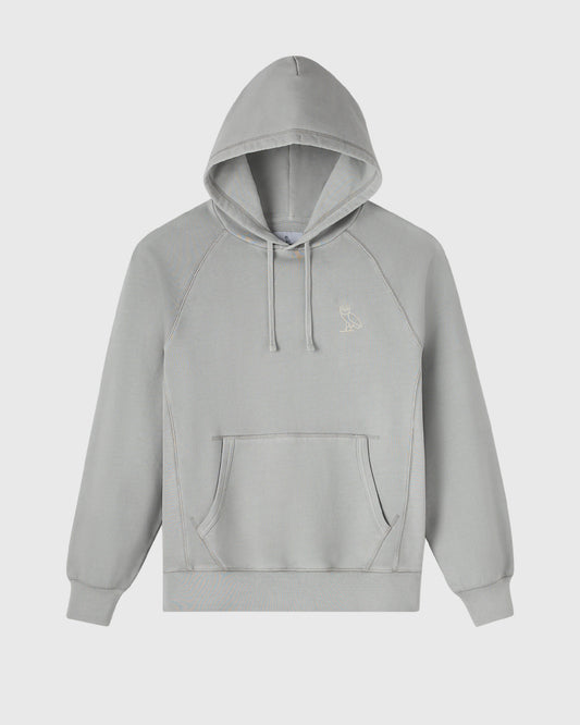Gray raglan hoodie with drawstring hood, kangaroo pocket, and embroidered bird logo on chest.