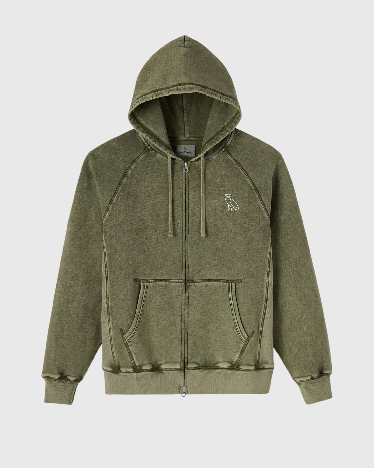Cypress green raglan full-zip hoodie with drawstring hood, front kangaroo pocket, and embroidered owl logo on chest.