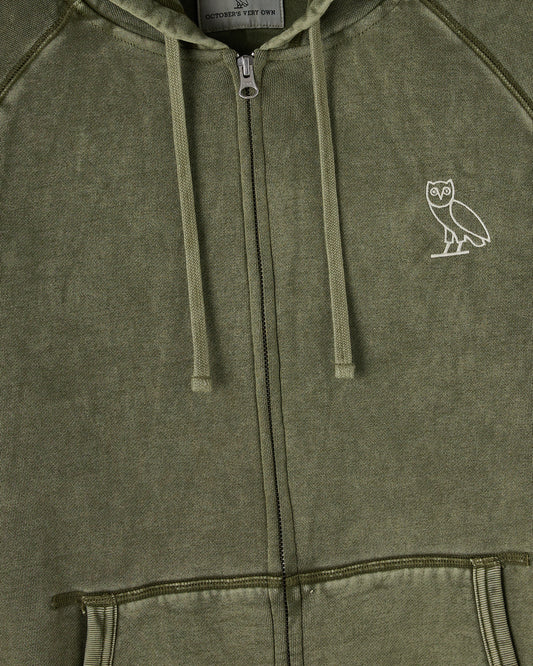 Cypress green full-zip hoodie with raglan sleeves, drawstring hood, and small owl logo on chest.