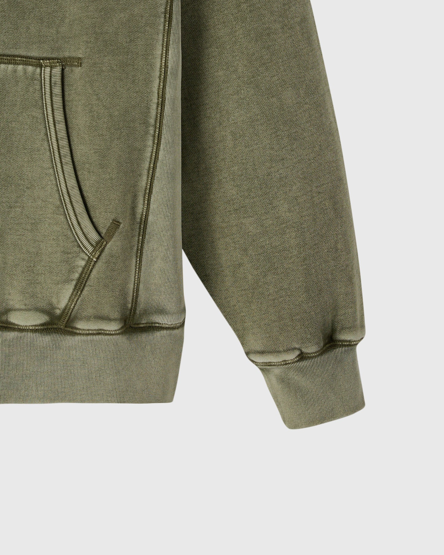 Cypress green raglan hoodie with full-zip front, ribbed cuffs and hem detail visible.