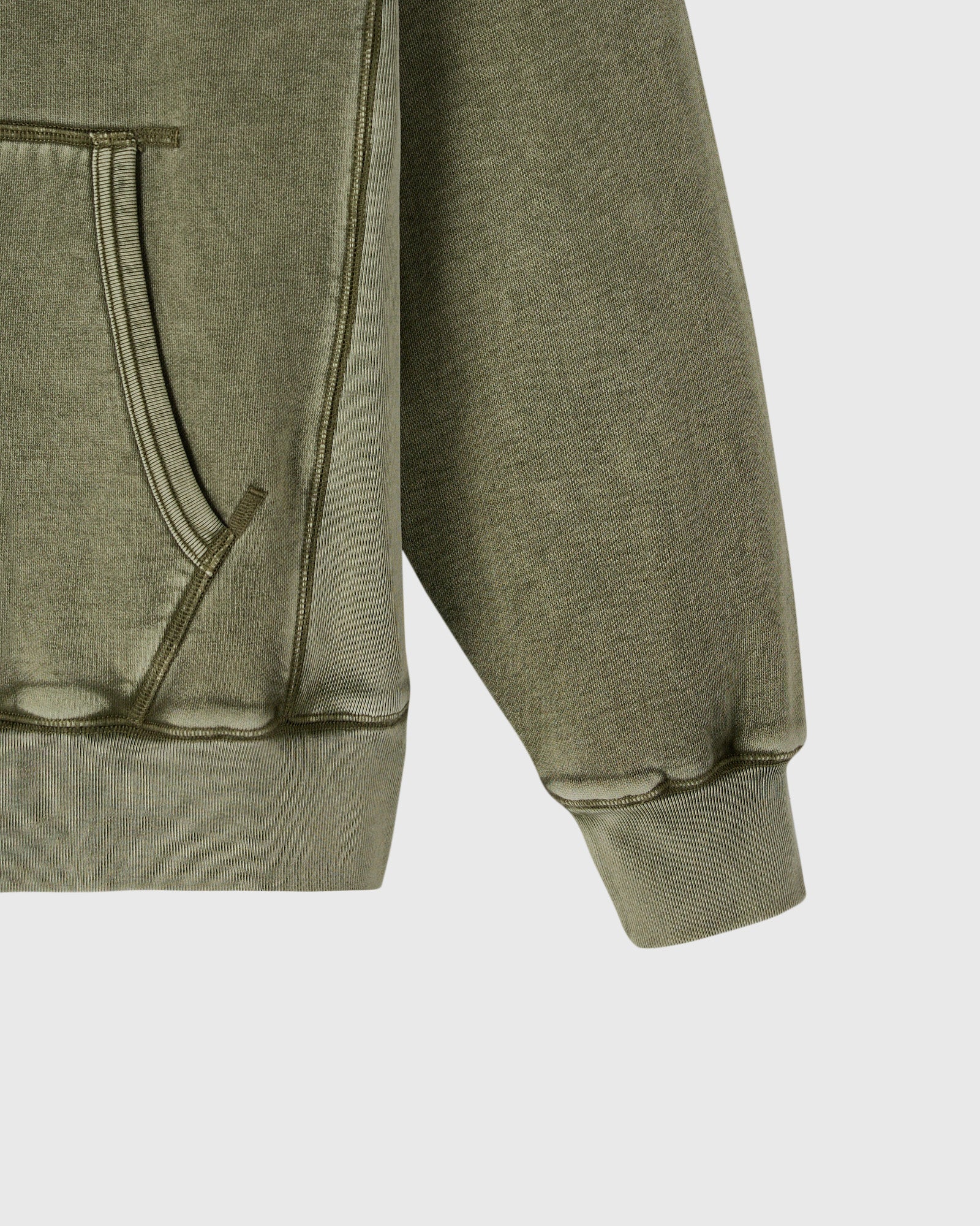 Cypress green raglan hoodie with full-zip front, ribbed cuffs and hem detail visible.